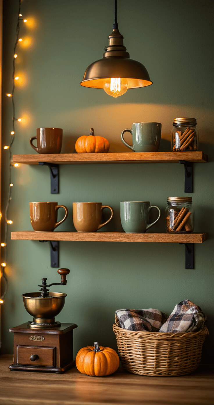 Cozy coffee station corner with warm amber lighting, featuring wooden shelves displaying autumn-colored mugs, cinnamon sticks in jars, and decorative pumpkins, complemented by a vintage brass coffee grinder and plaid kitchen towels, enhanced by bokeh from Edison bulb string lights.