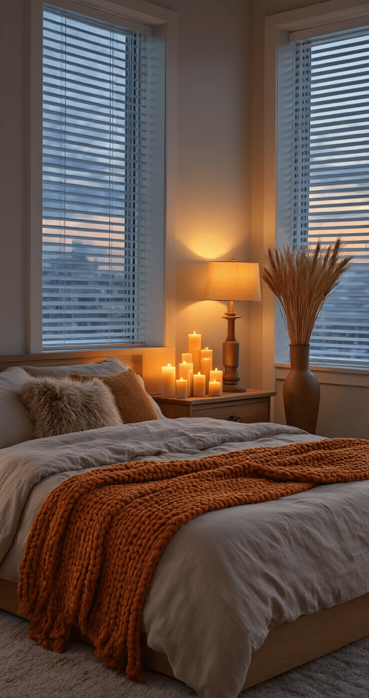 Moody bedroom at twilight with layered ambient lighting, showcasing a platform bed in warm oatmeal linen, a burnt orange chunky knit throw, and autumn-scented pillar candles on a wooden nightstand, complemented by a faux fur accent pillow and dried wheat stalks in a ceramic vase, all captured from a doorway angle for depth and intimacy.