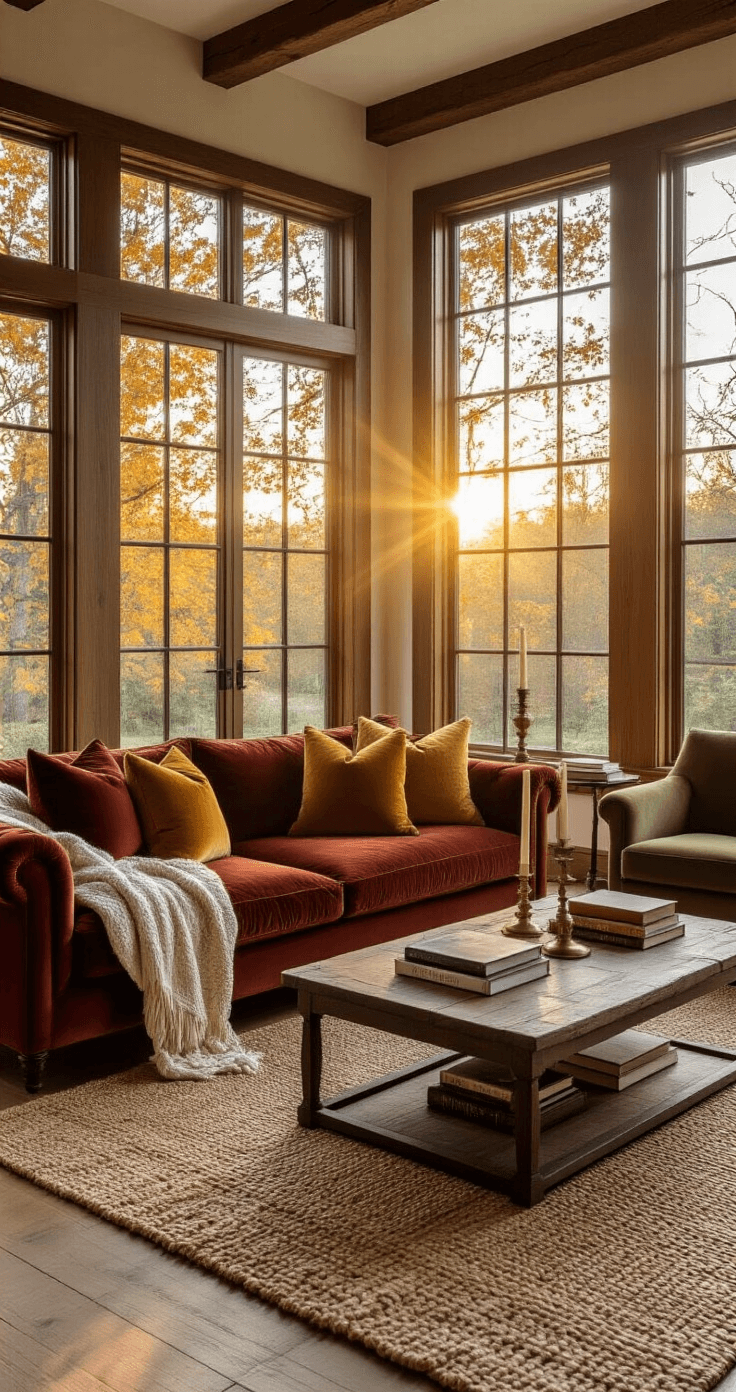 A spacious living room bathed in warm amber sunlight during golden hour, featuring a rust-colored velvet sofa with cream knit throws and textured throw pillows, an olive green accent chair, a mahogany coffee table with vintage books and brass candlesticks, and a woven jute rug on warm wood floors with exposed ceiling beams, creating a cozy autumn atmosphere.