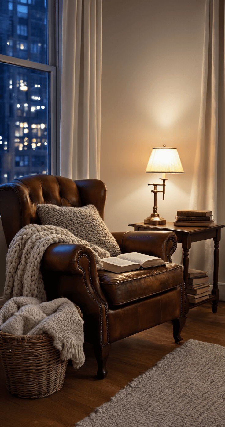 Ambient evening scene of a cozy reading nook featuring a cognac brown vintage leather armchair with a chunky knit throw, next to a small mahogany side table with a brass lamp casting a warm glow. A basket of wool blankets and a stack of old books are on the hardwood floor, while a tall window with sheer curtains reveals twinkling city lights outside, all enveloped in a moody, intimate atmosphere.