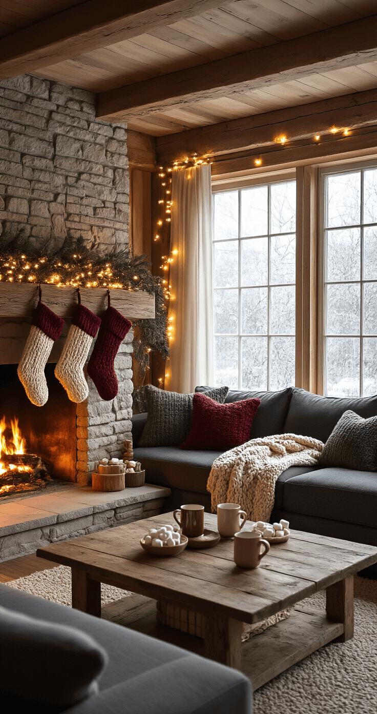 Cozy living room at night with warm golden light through frosted windows, featuring a crackling stone fireplace adorned with cream and burgundy stockings. An oversized charcoal sectional sofa with forest green and antique gold throw blankets, alongside a reclaimed wood coffee table with steaming mugs and scattered marshmallows. Soft fairy lights along exposed wooden beams enhance the magical ambiance in a hygge aesthetic.