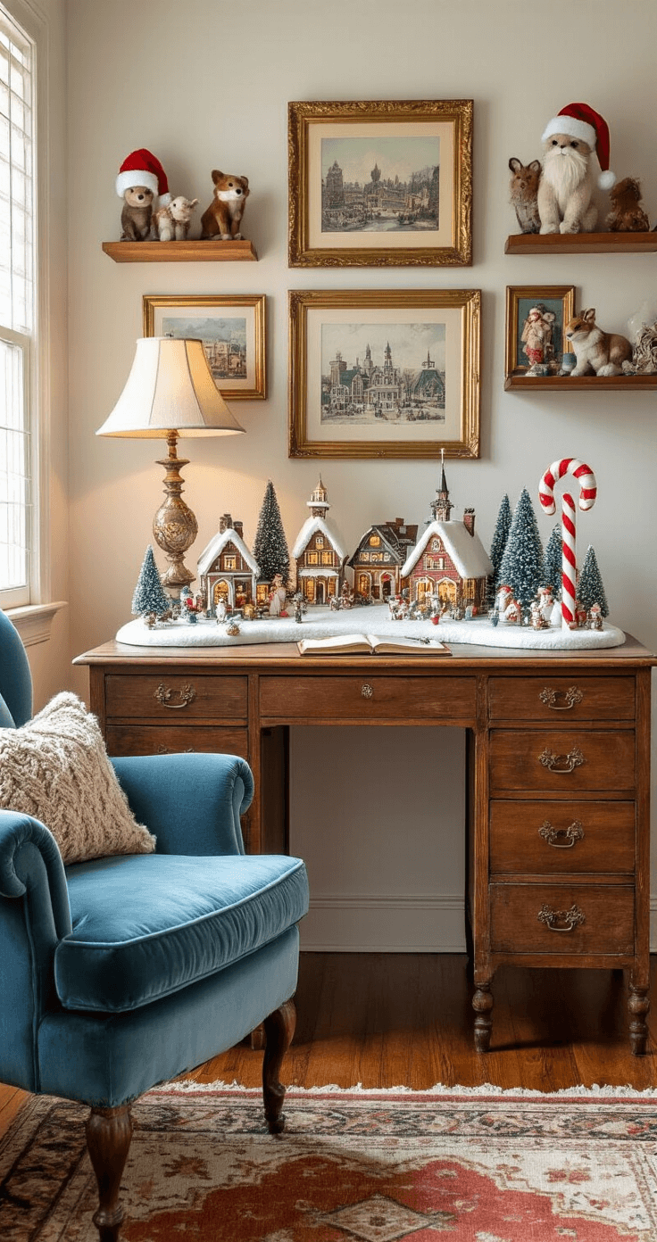 Whimsical home office filled with warm afternoon light, featuring a vintage wooden desk adorned with a Christmas village diorama, a gallery wall of holiday postcards in mismatched frames, a dusty blue velvet armchair with a knit throw, and playful animal figurines in Santa hats on shelves, all set on hardwood floors with a terracotta and cream Persian rug.