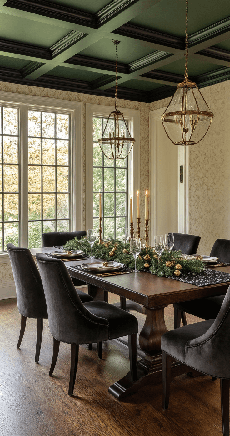 A sophisticated dining room at golden hour, featuring a dark walnut table with a black and gold table runner, elegant taper candles in brass holders, an evergreen garland with gold ornaments, and charcoal velvet chairs. The coffered ceiling and textured cream wallpaper enhance the intimate atmosphere, while crystal stemware reflects warm light.