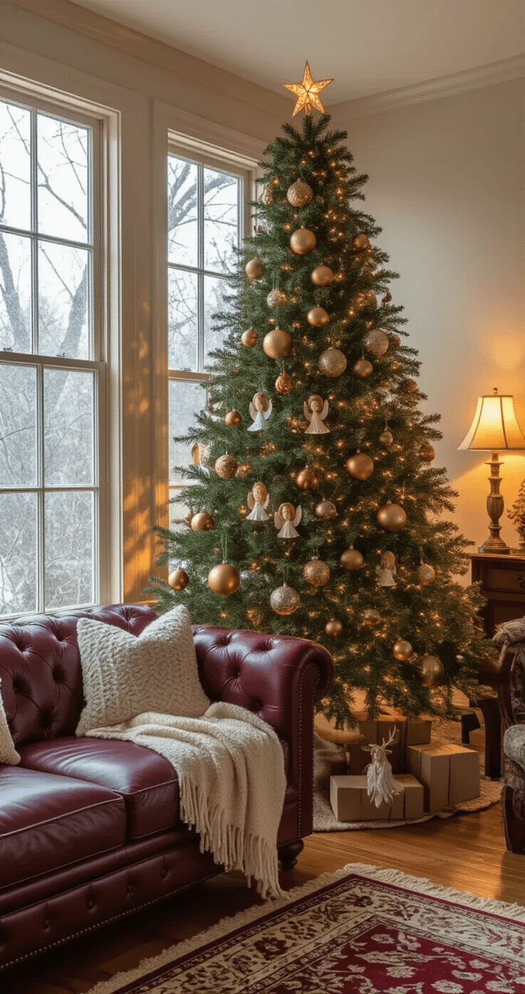 A cozy living room corner featuring a 10-foot Fraser fir Christmas tree adorned with mixed metallic ornaments, surrounded by a burgundy leather sectional and warm amber lighting, capturing an intimate holiday atmosphere with rich jewel tones and decorative accents.