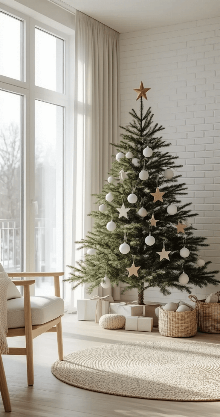 Wide-angle view of a modern minimalist living space with a Scandinavian-style Christmas tree, bright winter light, floor-to-ceiling windows, light oak furniture, and neutral tones, creating a serene atmosphere.