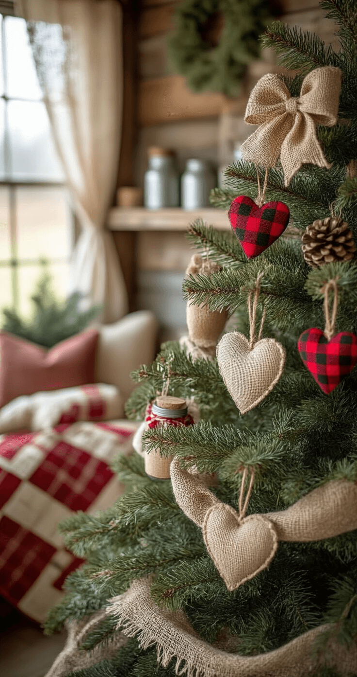 Close-up of a rustic farmhouse Christmas tree adorned with burlap ribbon and mason jar lid decorations, set against a weathered barn wood mantle and filtered warm light through vintage lace curtains, showcasing a color palette of barn red, cream, and natural tones.