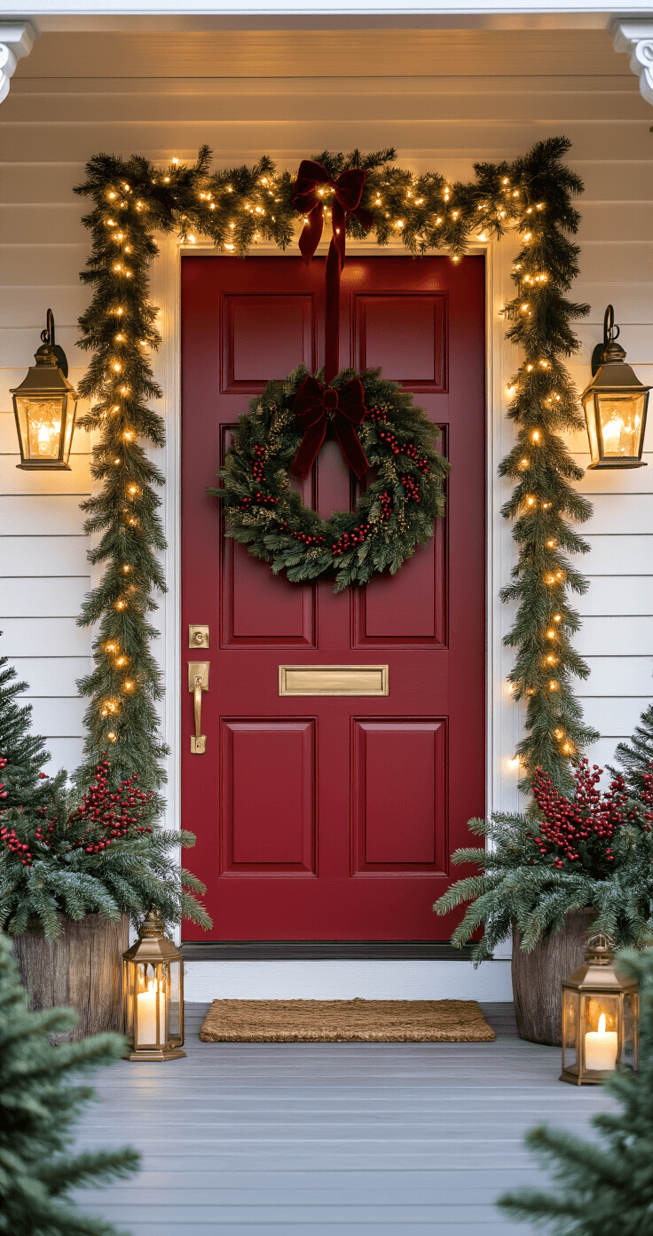 Cozy front porch adorned with evergreen garland and warm string lights, featuring a red door and traditional Christmas decor in rich forest green and deep red, with brass lanterns, winter greenery, and red berries.
