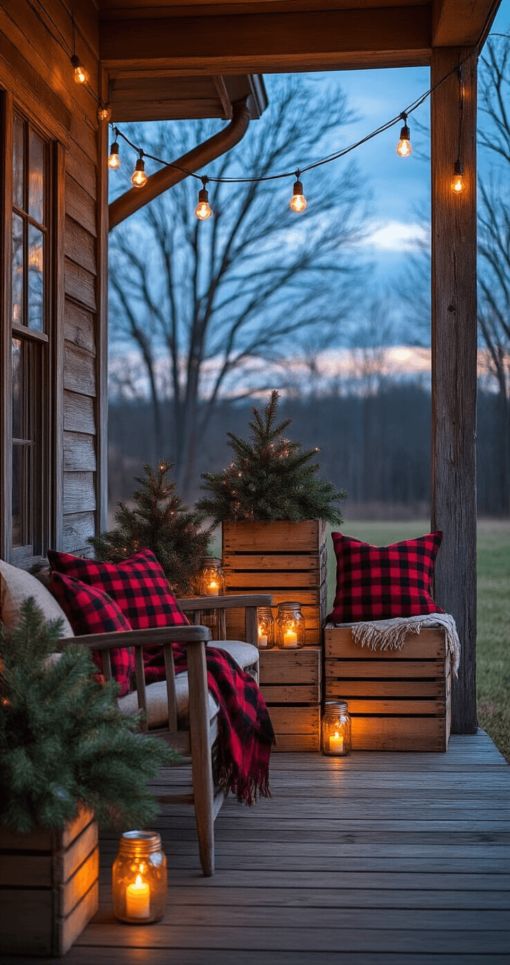 Rustic farmhouse porch at blue hour with buffalo plaid decor, vintage wooden crates filled with pine, mixed metallic accents, and cozy weathered furniture. Mason jar lights and battery-operated candles provide warm ambiance against a deep twilight sky, capturing a charming countryside Christmas atmosphere.