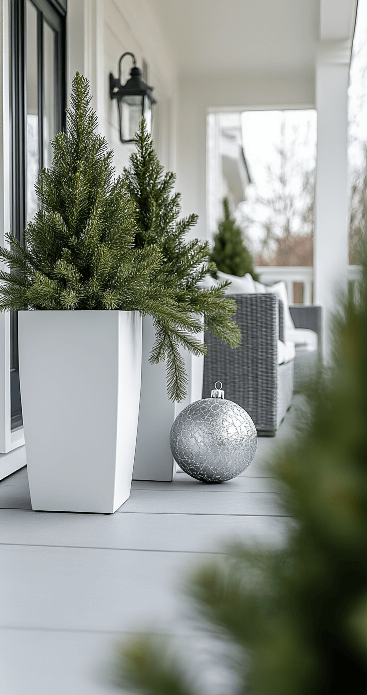A modern minimalist porch featuring a monochromatic silver and white Christmas theme, with geometric planters holding structured evergreens, sleek metallic ornaments, and contemporary outdoor furniture, all captured in soft overcast daylight showcasing symmetry and elegant architectural lines.
