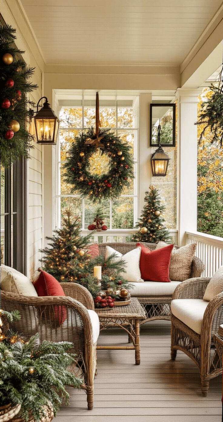 A cozy small porch decorated for the holidays, featuring layered textures, mirrors reflecting festive arrangements, intimate seating with coordinating throw pillows, and warm golden lighting highlighting a magical Christmas atmosphere.