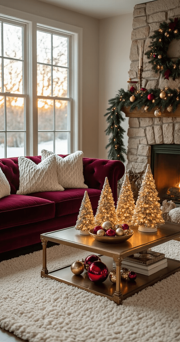 Cozy living room illuminated by golden hour light, featuring a rich burgundy velvet sofa with cream throw pillows, a vintage brass coffee table with glowing ceramic Christmas trees, a stone fireplace mantel adorned with deep emerald pine garland and antique gold baubles, and a cream wool area rug, all contributing to a warm holiday atmosphere.