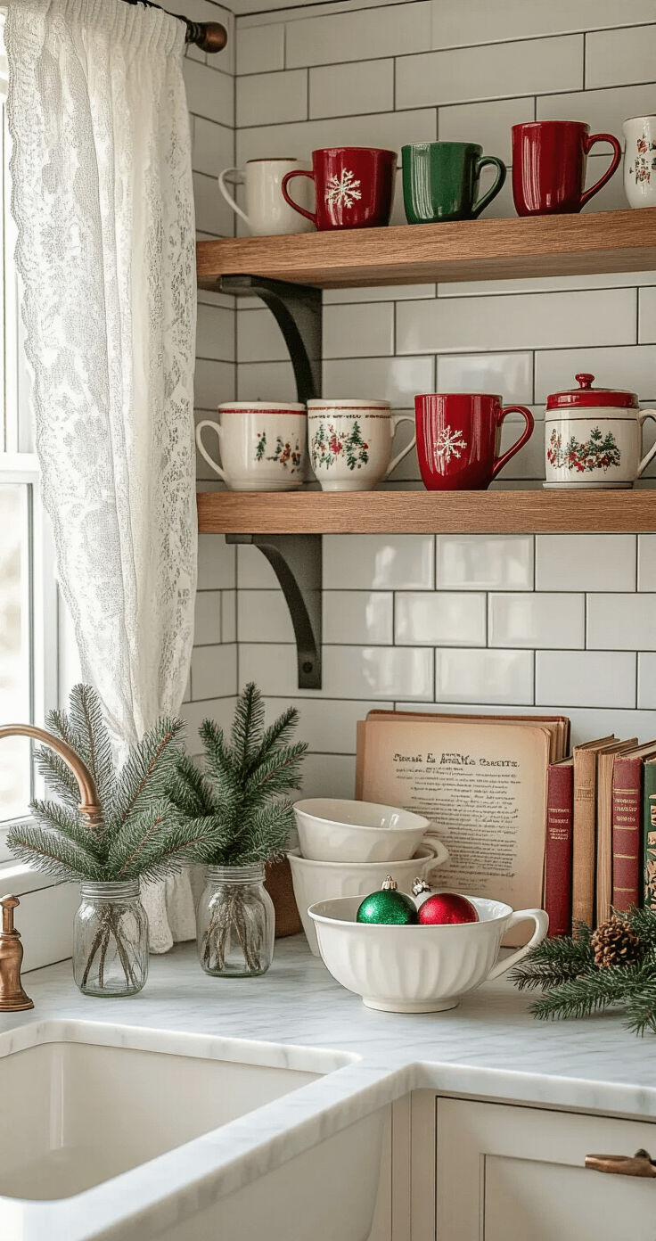 Charming kitchen vignette with soft morning light, showcasing white subway tile, open shelving with vintage Christmas mugs, retro cookie tins, ceramic mixing bowls with glass ornaments, brass candlesticks, marble countertop with bottle brush trees and recipe books, and fresh greenery in mason jars.