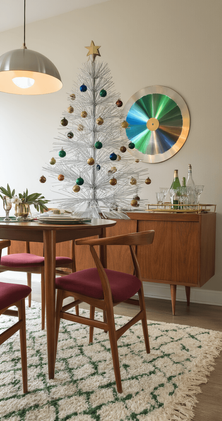 A mid-century modern dining room features a stunning aluminum Christmas tree illuminated by a rotating color wheel, surrounded by walnut furniture, teak chairs with burgundy cushions, and a geometric area rug. A brass bar cart displays vintage glassware, all set in an inviting evening ambiance.