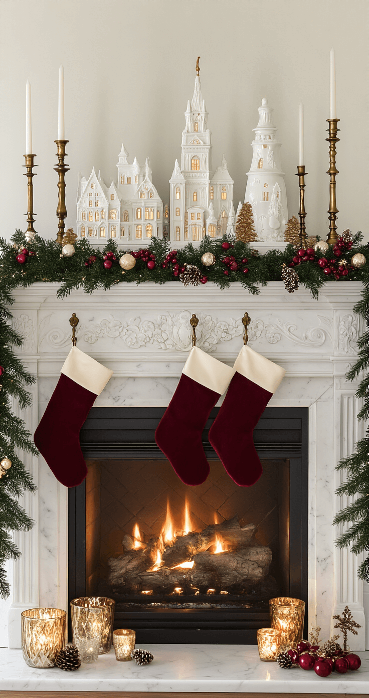 An elegant holiday mantelpiece display at twilight, featuring a glowing fireplace and a carved white marble surround. The layered arrangement includes a tall ceramic Christmas village, medium brass candlesticks, small vintage ornaments, and pine cones, adorned with a real pine garland, cranberry glass balls, and cream satin ribbon. Vintage Christmas cards lean against the candlesticks, while rich burgundy stockings hang from brass hooks, and mercury glass votives add a warm, twinkly ambiance.