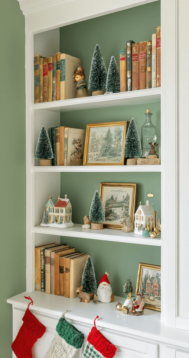 Whimsical bookshelf styled with white built-ins against sage green walls, featuring books, bottle brush trees, vintage Christmas cards, glass ornament bookends, miniature ceramic houses, felt woodland creatures, knit stockings, and brass picture frames, all illuminated by warm afternoon light.