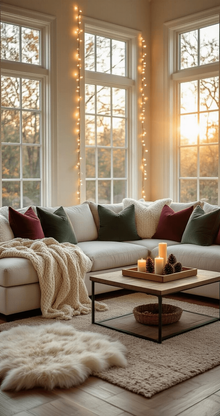 Photorealistic wide-angle shot of a cozy living room bathed in golden hour sunlight, featuring a sectional sofa adorned with chunky cream knit throws and textured pillows in forest green, burgundy, and ivory, alongside a faux fur accent throw on hardwood floors, warm string lights framing large windows, and a coffee table topped with a wooden tray holding pillar candles and pinecones.