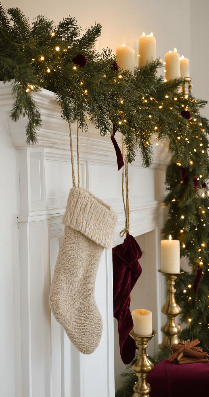 Cinematic close-up of a fireplace mantel adorned with lush garland, warm LED lights creating bokeh, asymmetrically hung stockings, flickering cream candles in brass holders, and deep burgundy velvet ribbon accents, captured from a low angle with dramatic side lighting.