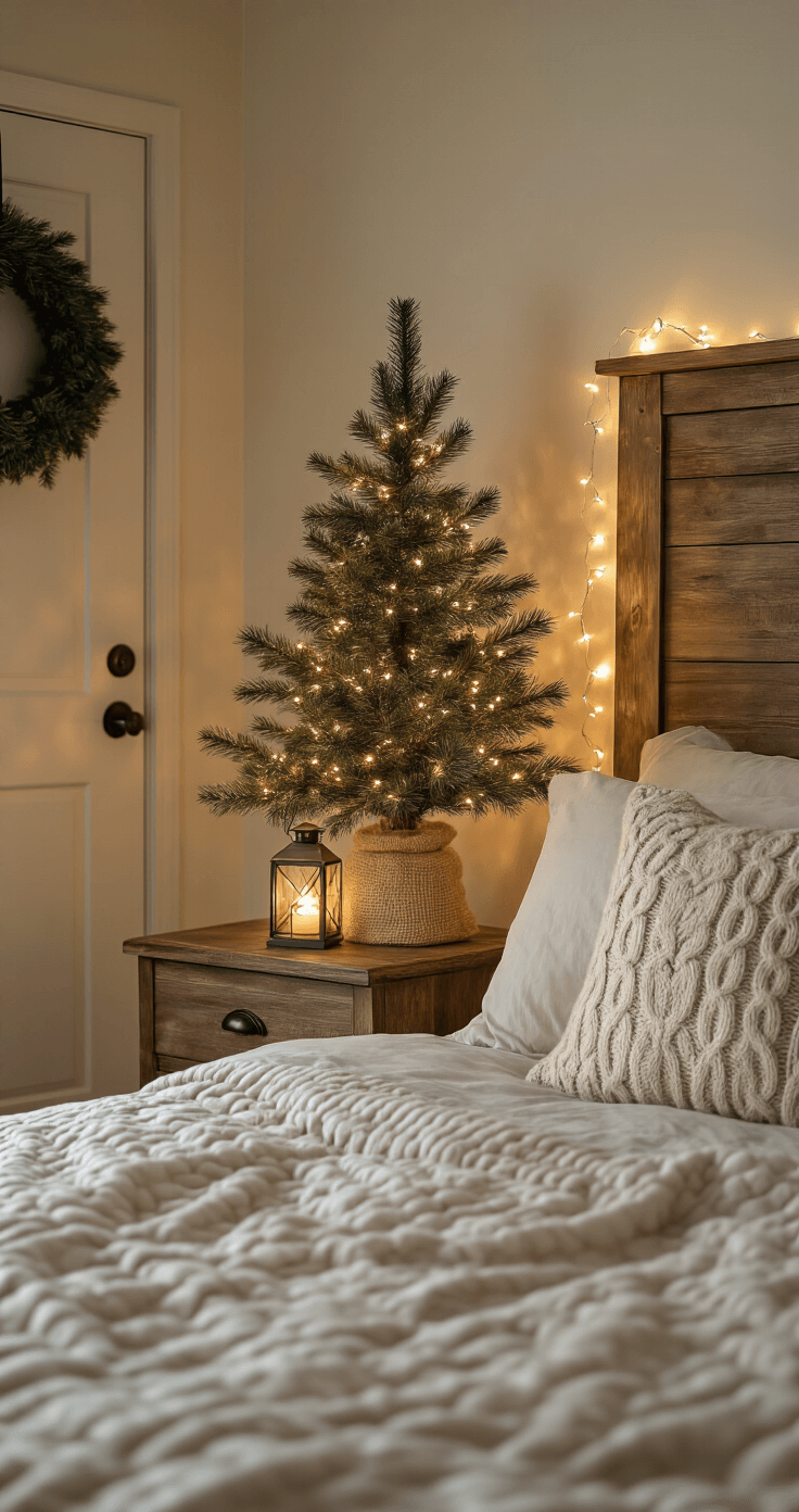 Atmospheric interior of a cozy bedroom during evening, featuring a nightstand with a miniature pine tree wrapped in lights and a lantern, string lights around a rustic wooden headboard, a holiday throw pillow on neutral bedding, and a small wreath on the door, all illuminated with warm, golden ambient lighting.