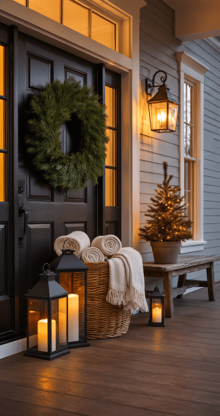 A welcoming entryway at twilight featuring a dark wooden front door adorned with a large evergreen wreath, flanked by lanterns with flickering candles, a wicker basket of cream throws, and a small potted pine with lights on a rustic bench, all illuminated by warm lighting and natural light reflecting on hardwood floors.