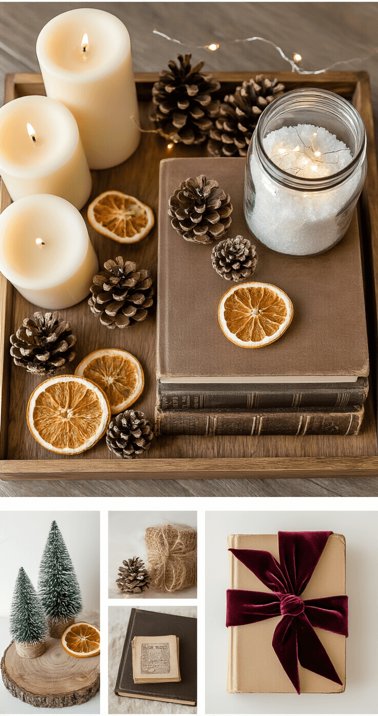 Overhead shot of a coffee table vignette featuring a wooden tray with cream candles, pinecones, and dried orange slices, alongside a glass jar with Epsom salt snow, bottle brush trees, and string lights; a stack of vintage books tied with burgundy velvet ribbon enhances the warm color palette and textures.