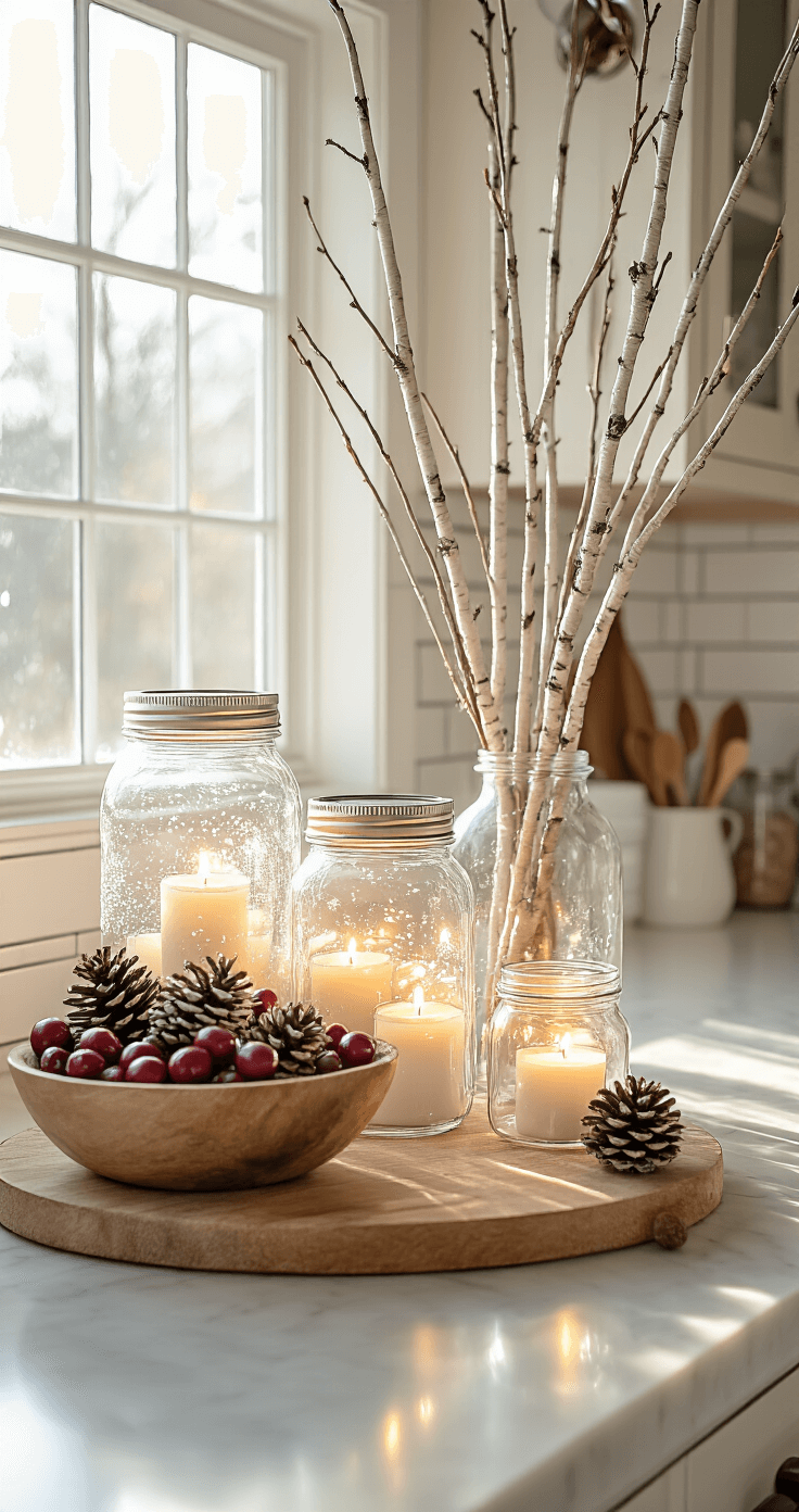 A charming kitchen island adorned with mason jars filled with battery tea lights and artificial snow, a tall glass vase holding bare birch branches, a wooden bowl overflowing with pinecones and cranberries, all beautifully lit by morning light reflecting off a white subway tile backsplash.