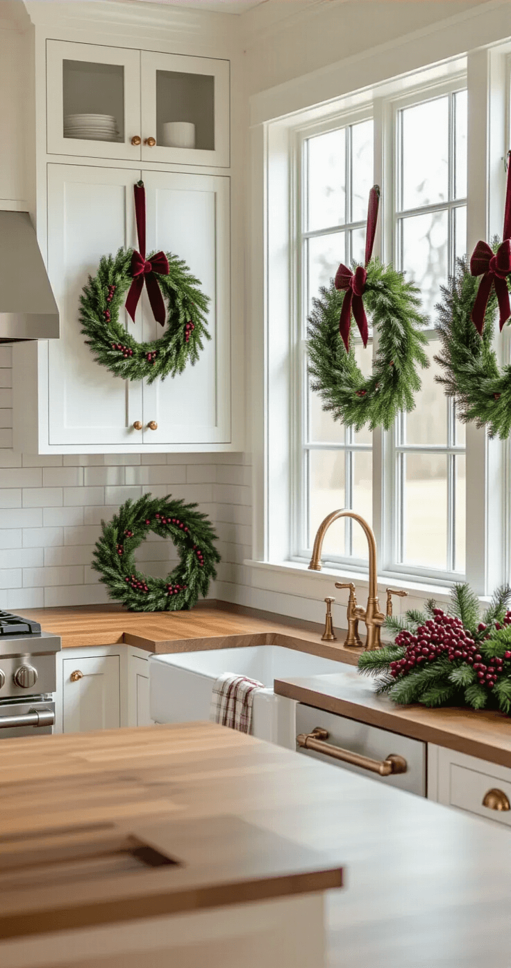 A bright kitchen with white shaker cabinets decorated with various sizes of mini evergreen wreaths tied with burgundy velvet ribbon, natural light streaming through large windows, warm wood countertops, and brass hardware, creating a cozy holiday atmosphere.