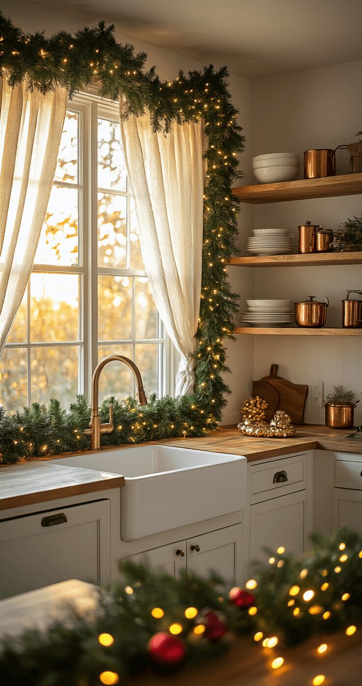 Cinematic wide shot of a spacious kitchen decorated for the holidays, featuring lush green garland with fairy lights, open shelving with white dinnerware and copper accessories, and warm golden hour sunlight streaming through sheer curtains.