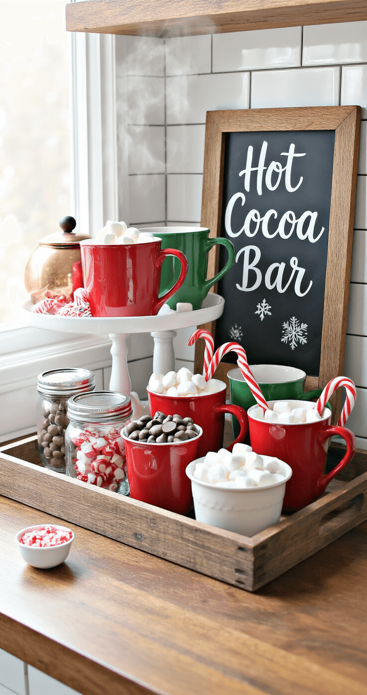Close-up of a cozy holiday-themed hot chocolate station on a kitchen counter, featuring mason jars with marshmallows, candy canes, and chocolate chips on a wooden tray, festive mugs on a tiered stand, and a 'Hot Cocoa Bar' chalkboard sign by a vintage copper kettle, all bathed in warm afternoon light.