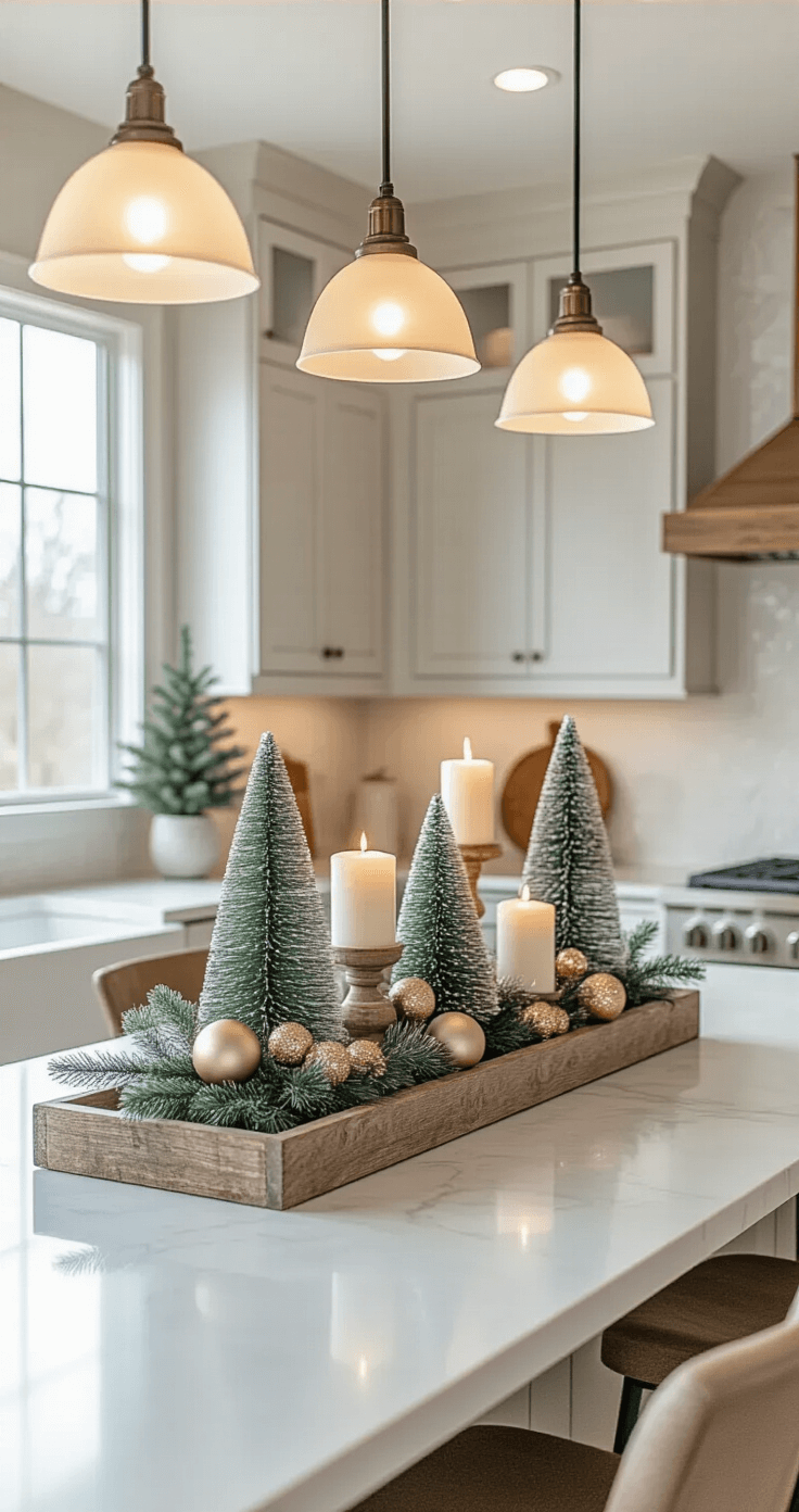 Elegant kitchen island adorned with a Christmas centerpiece, featuring bottle brush trees, battery-operated candles, and gold ornaments, all illuminated by soft pendant lighting, with a modern open-concept design.