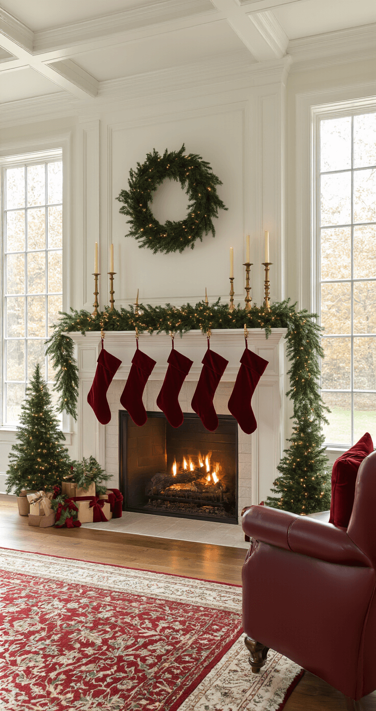 A cozy living room featuring a traditional Christmas fireplace mantel adorned with rich forest green garland and deep red velvet stockings, illuminated by warm afternoon light streaming through tall windows. Gold candlesticks hold ivory candles, while small Christmas trees act as bookends on either side. The scene embodies nostalgic holiday charm with deep jewel tones and a focus on the 12-foot coffered ceilings.
