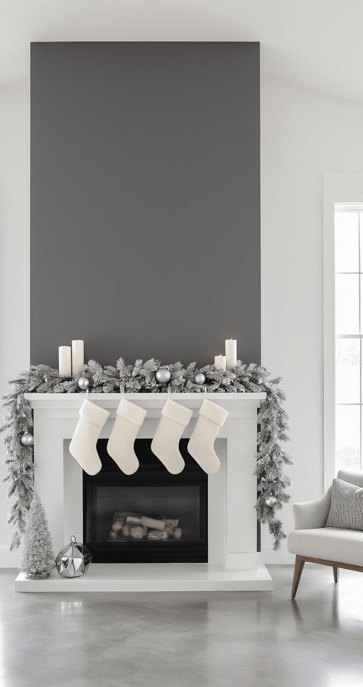 Modern minimalist Christmas mantel in a contemporary home, featuring a sleek white mantel against a charcoal gray wall, adorned with silver-white garland and geometric chrome ornaments. Cream wool stockings hang from hidden hardware, complemented by white pillar candles in glass holders, all set against polished concrete floors and mid-century modern furniture, evoking a serene, spa-like atmosphere.