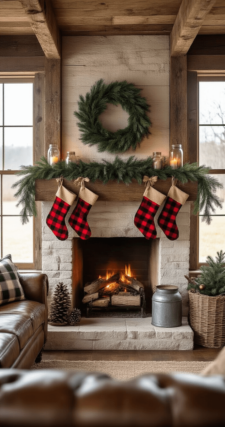 Cozy farmhouse Christmas scene featuring a rustic fireplace adorned with greenery garland and buffalo plaid stockings, illuminated by warm natural light and decorated with vintage accents and earth tones.