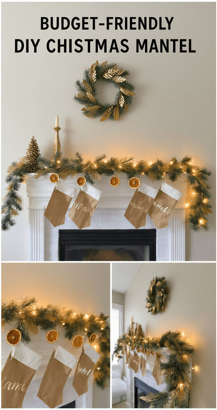 A cozy, budget-friendly DIY Christmas mantel in a small apartment, featuring a transformed builder-grade fireplace adorned with a gold and green paper leaf garland, hand-lettered brown paper bag stockings, gold spray-painted pinecones, rustic dried orange slices on twine, and warm battery-operated string lights, all set against neutral walls and maximizing small-space furniture arrangement for a personal holiday touch.