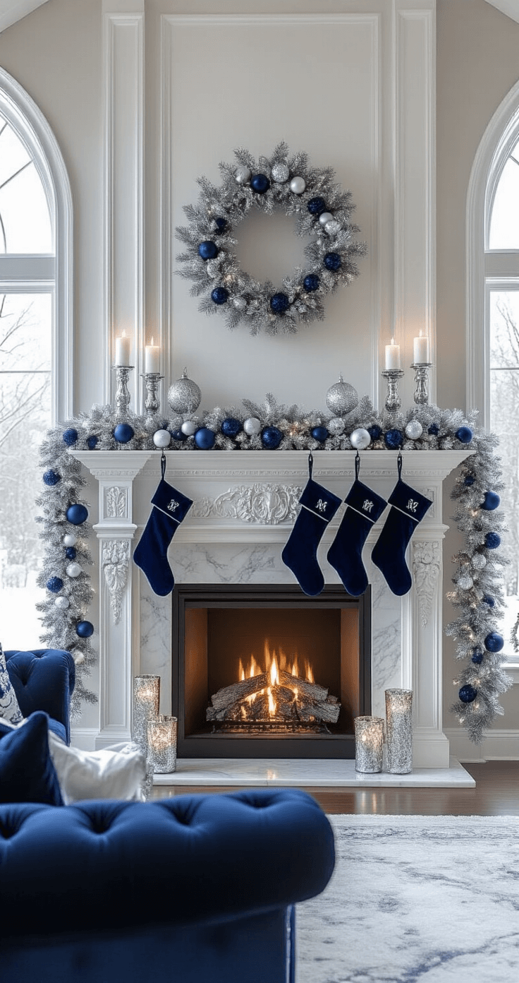 Elegant silver and blue Christmas fireplace in a formal living room with cathedral ceilings, featuring a marble surround, frosted silver garland, navy stockings, mercury glass candlesticks, and a plush navy velvet sofa, all illuminated by dramatic twilight lighting.