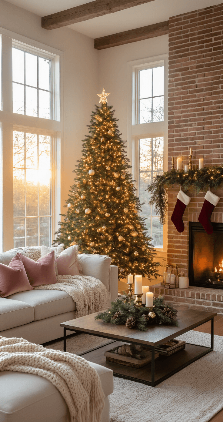 Cozy living room during golden hour with a Fraser fir Christmas tree, cream sectional sofa, dark walnut coffee table, exposed brick fireplace, and ambient fairy lights.