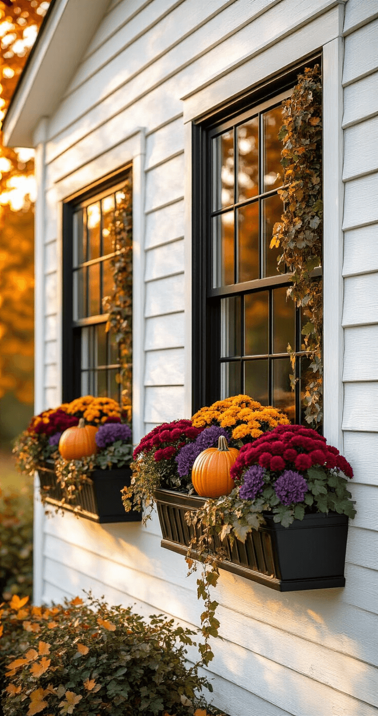 Photorealistic exterior of a charming white farmhouse at golden hour, featuring black window boxes filled with burgundy mums, purple kale, trailing ivy, mini orange pumpkins, and scattered acorns, all highlighted by warm amber sunlight and deep autumn colors.
