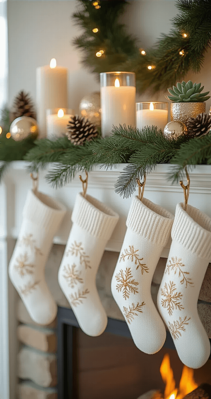 Close-up of a beautifully styled mantelpiece in the evening, featuring a white painted shelf adorned with fresh pine garland and three cream stockings with gold embroidery. Pillar candles in glass hurricanes and scattered mercury glass ornaments create layered illumination, with gold-spray-painted pinecones and small succulents adding charm. A warm fire crackles in the stone fireplace, with soft bokeh lights in the background.