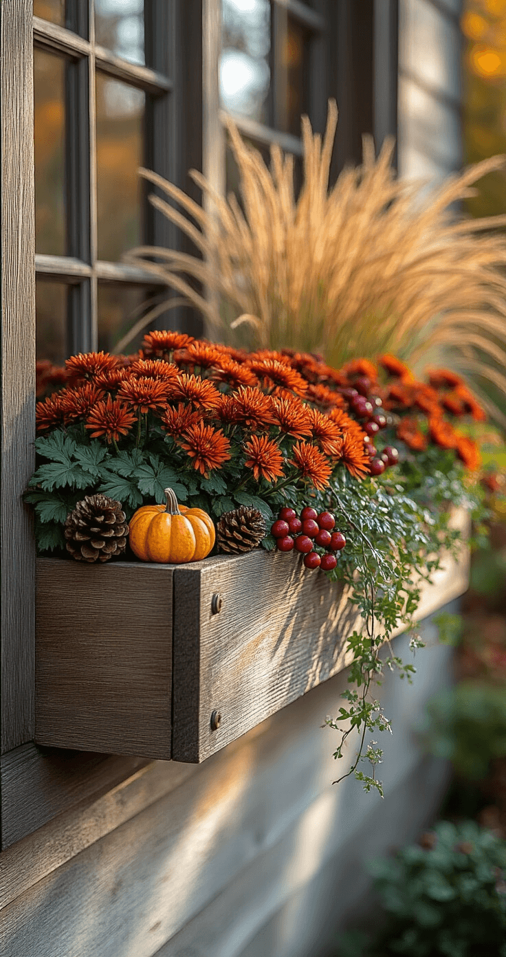 Close-up of a rustic wooden window box in soft morning light, featuring tall ornamental fountain grass as the thriller, rust-colored chrysanthemums as fillers, and trailing wire vine spillers. Weathered cedar box showcases natural grain patterns, with scattered pine cones, burgundy berries, and miniature gourds for textural contrast, all in rich autumn colors.