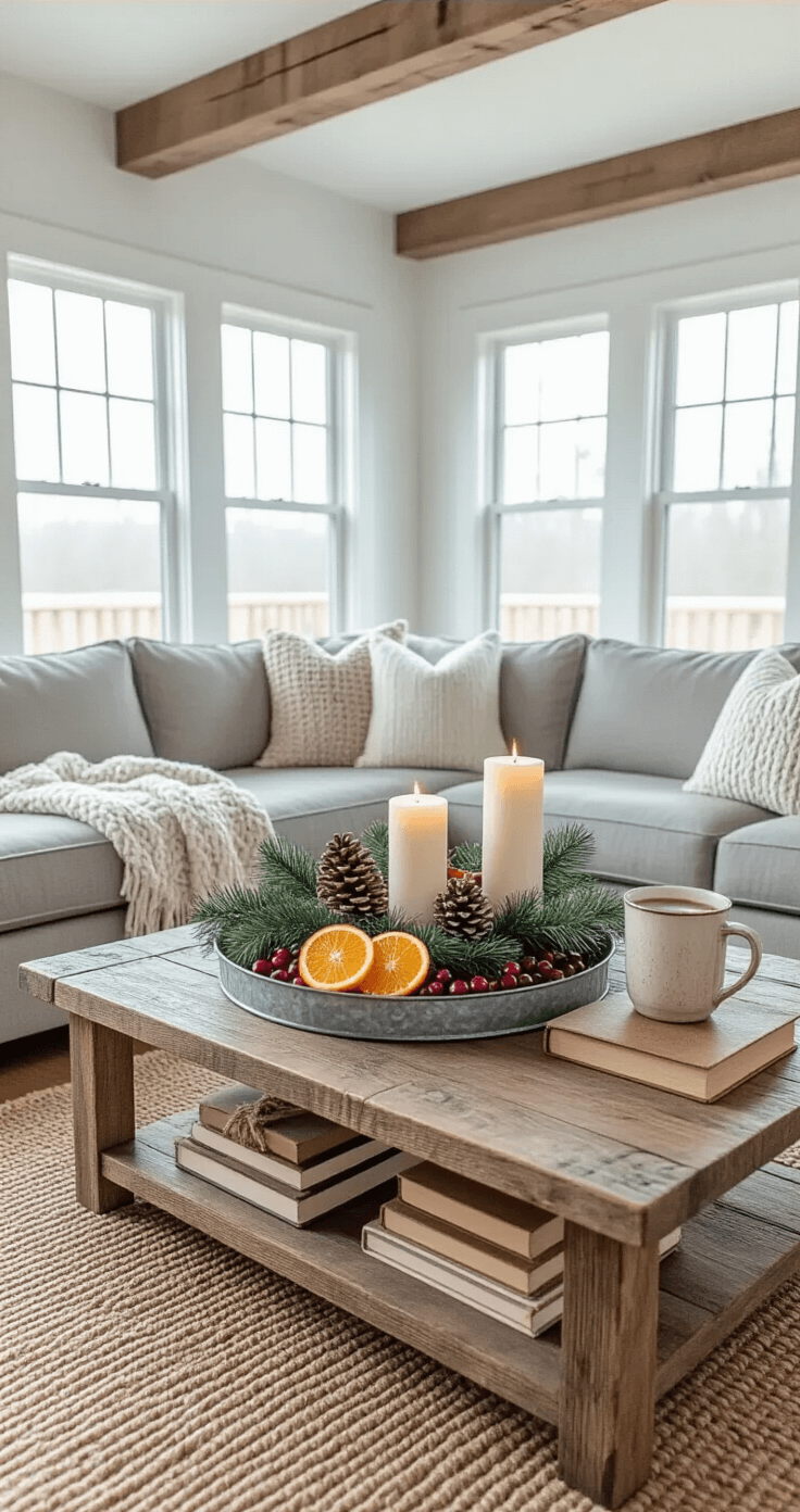 Overhead view of a rustic holiday coffee table setup featuring a galvanized metal tray with pine branches, orange slices, cranberries, and white candles, alongside wrapped vintage Christmas books, a ceramic mug of hot cocoa, and a cozy gray sectional with a cream throw on a jute rug under exposed wood beams.