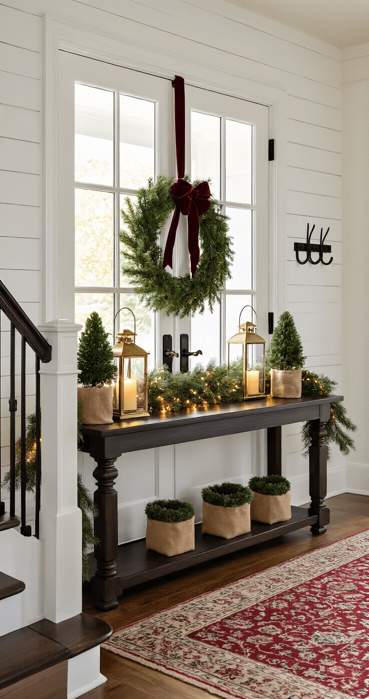 A wide shot of a festive entryway foyer bathed in golden hour light, featuring a console table adorned with garland, brass lanterns, and burlap-wrapped topiary trees. A fresh pine wreath with a burgundy velvet bow hangs on the door, while a vintage Persian runner covers the hardwood floors below white shiplap walls and black iron coat hooks. String lights add warmth to the staircase banister, with the camera angle capturing the view from the living room towards the entrance.