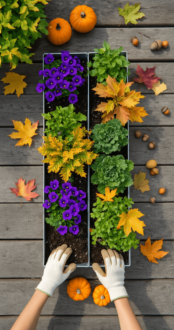 Overhead view of a rustic wooden deck displaying a DIY fall window box creation process with galvanized metal containers filled with rich potting soil, purple violas, ornamental kale, and creeping Jenny, alongside scattered acorns, colorful maple leaves, and small branches, while hands in gardening gloves arrange mini pumpkins among the plantings, showcasing an earth-tone palette in bright natural light.