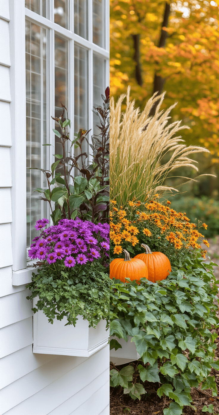 Before-and-after comparison photo of window box arrangements; left side features overcrowded, wilting plants with poor drainage and clashing colors, while the right side displays a balanced, vibrant autumn design with healthy ornamental grasses, asters, ivy, and mini pumpkins, set against a classic white colonial home backdrop.