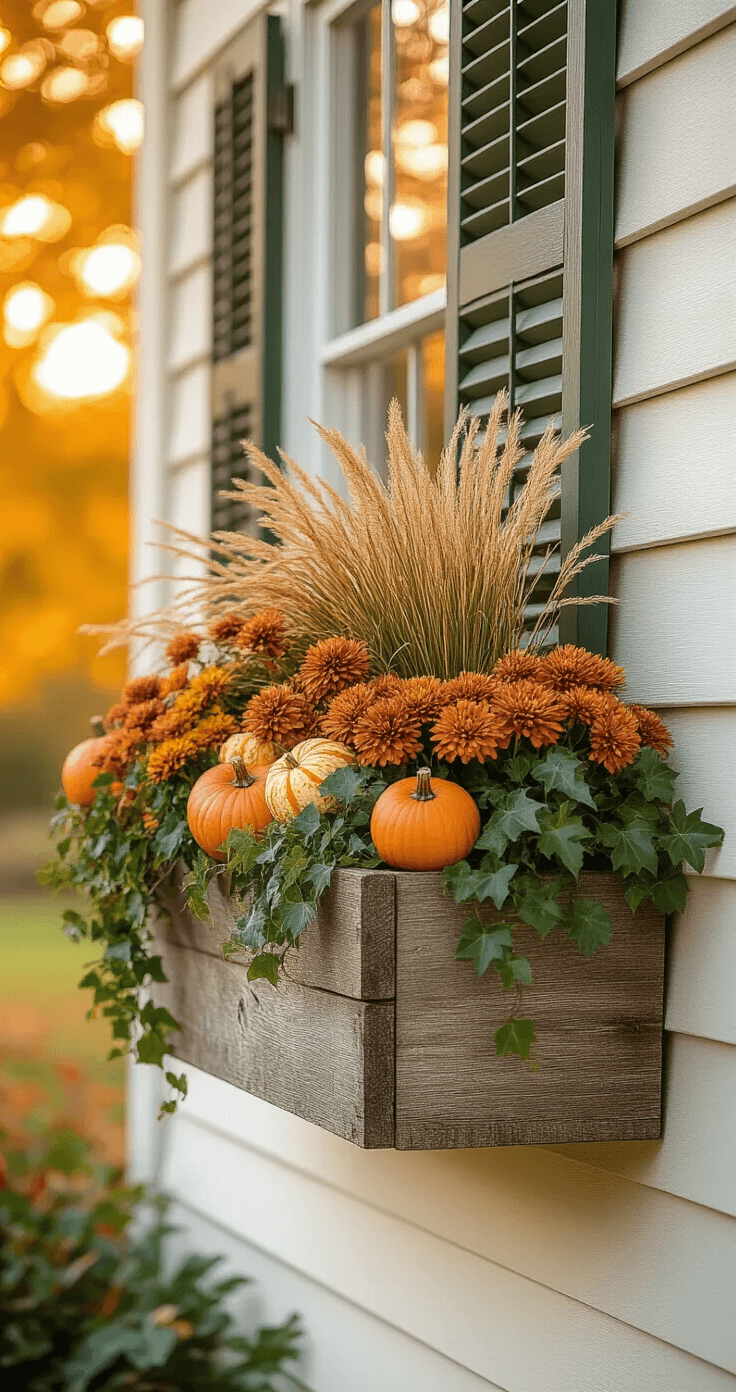 Award-winning rustic harvest window box arrangement overflowing with ornamental grass, bronze mums, cascading ivy, and heirloom pumpkins, set against a charming cottage backdrop during golden hour, featuring warm autumn colors and natural lighting effects.
