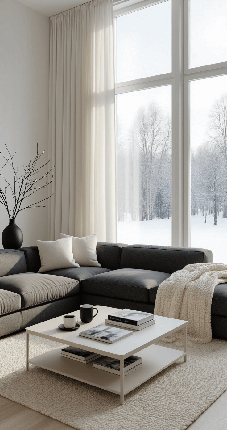 Capturing the Magic of Winter Landscapes: A Photographer's Guide Photorealistic living room with floor-to-ceiling windows overlooking a snowy landscape, featuring a charcoal sectional sofa, warm white walls, and minimalist decor, bathed in mid-morning light.