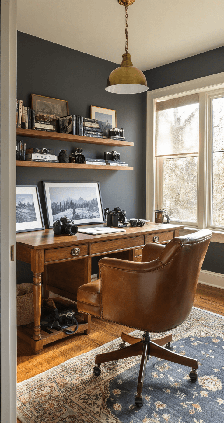 Capturing the Magic of Winter Landscapes: A Photographer's Guide Intimate home office study illuminated by golden hour light, featuring a walnut desk with photography equipment and winter landscape prints, a cognac brown leather chair, gray accent wall, and built-in shelving of photography books and vintage cameras, set against medium oak hardwood floors and a muted Persian rug, viewed from the doorway.