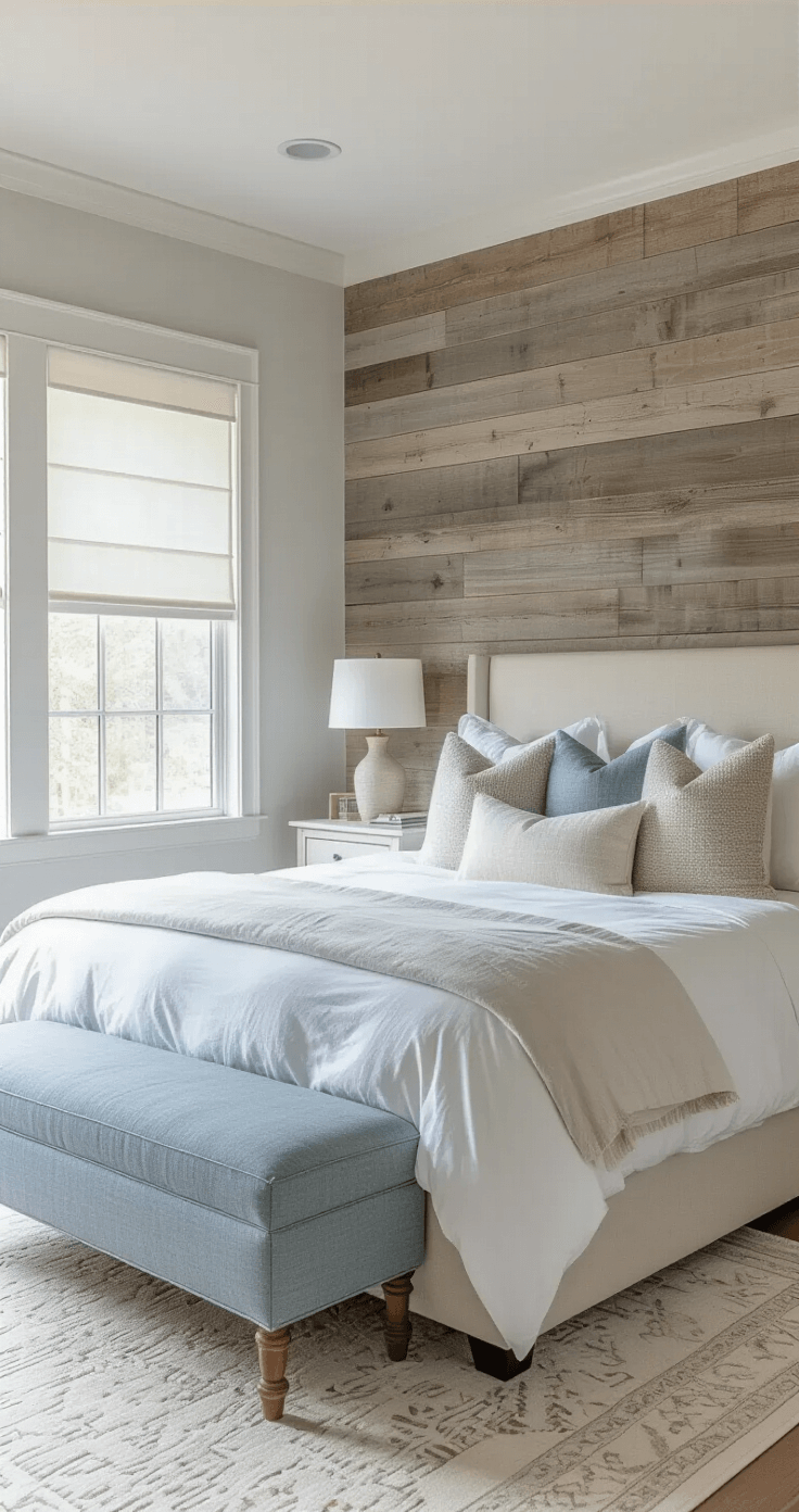 Capturing the Magic of Winter Landscapes: A Photographer's Guide Spacious master bedroom with a king-size platform bed in winter-inspired tones, featuring white linen bedding and textured pillows, early morning light through translucent roller shades, dove gray walls with white wainscoting, reclaimed wood accent wall, weathered white oak nightstands with ceramic lamps, cream area rug with geometric pattern, and a blue-gray upholstered bench, evoking serene morning tranquility.