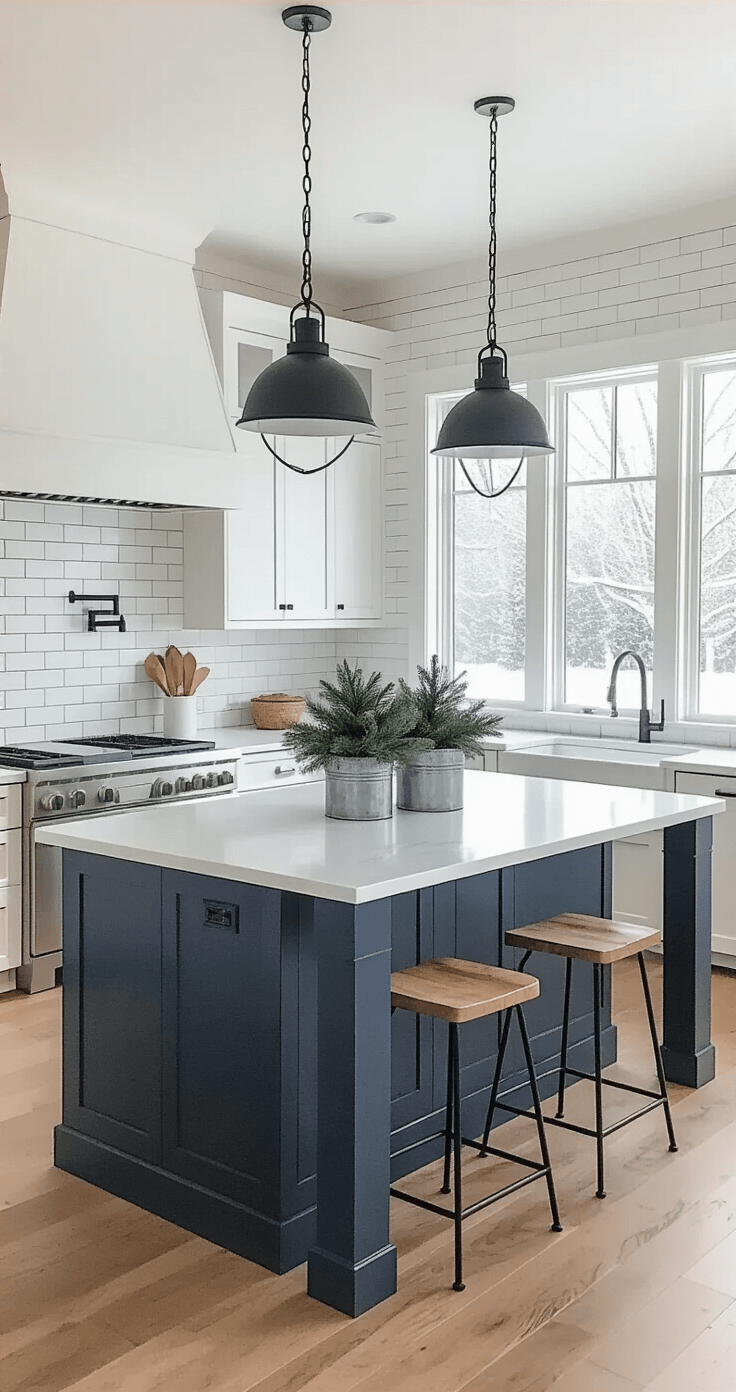 Capturing the Magic of Winter Landscapes: A Photographer's Guide Modern farmhouse kitchen featuring a large white quartz island with gray veining, matte black pendant lights, white shaker cabinets, navy blue lower cabinets, a subway tile backsplash, stainless steel appliances, honey oak hardwood floors, winter greenery in galvanized containers, and natural wood and black metal bar stools, all illuminated by natural light from a farmhouse sink window.