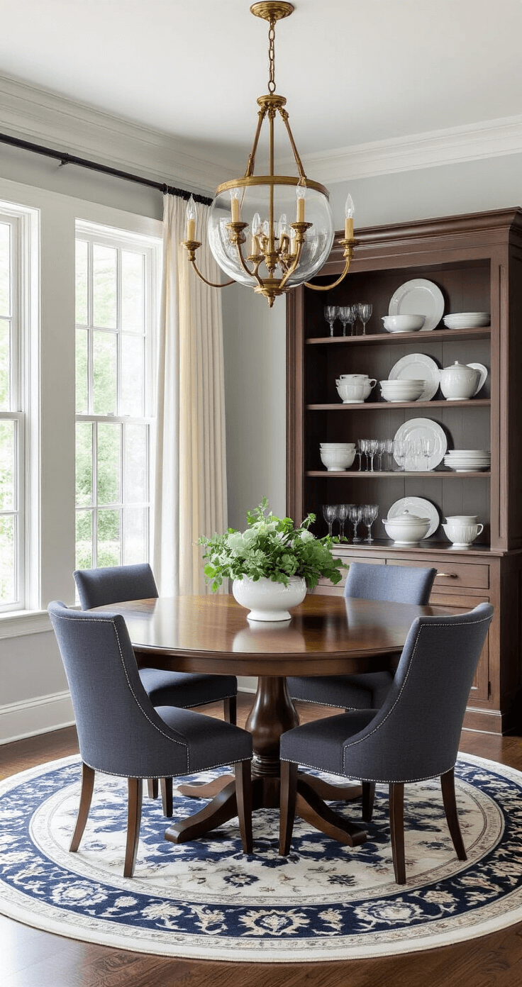 Capturing the Magic of Winter Landscapes: A Photographer's Guide Elegant dining room featuring an oval walnut table surrounded by six charcoal linen upholstered chairs, with a statement aged brass chandelier above. Rich navy blue lower walls with white chair rail and soft gray upper walls, complemented by dark espresso hardwood floors. Built-in corner hutch displays white porcelain and crystal glassware, with sheer ivory curtains framing tall windows. A fresh eucalyptus centerpiece in a white ceramic bowl adds a touch of freshness, while an Oriental rug in navy and cream grounds the space.