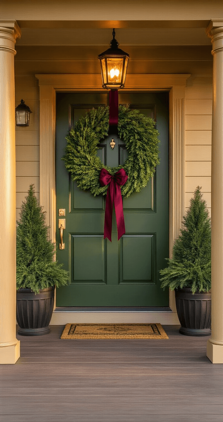A welcoming front porch at golden hour featuring a large forest green door adorned with a 36-inch oversized wreath with a deep burgundy ribbon. Flanked by two matching 24-inch planters with evergreen trees, the honey oak columns and weathered wood flooring create a warm ambiance illuminated by soft amber lighting from an overhead lantern.