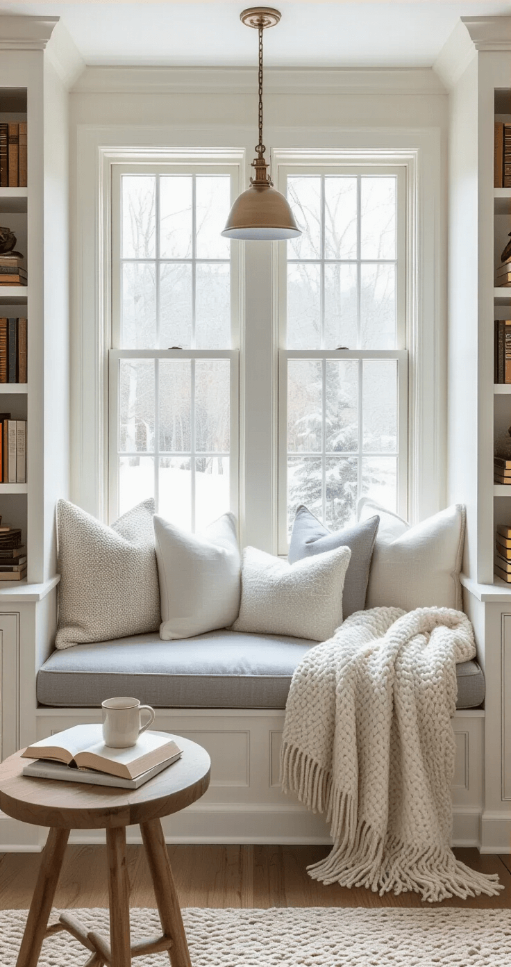 Capturing the Magic of Winter Landscapes: A Photographer's Guide Cozy reading nook in a bay window alcove with cushioned gray seating, layered throw pillows, built-in shelving with books and decor, warm white walls with honey oak trim, a brass reading light, reclaimed wood side table, and winter garden view through casement windows, complemented by a wool throw blanket.